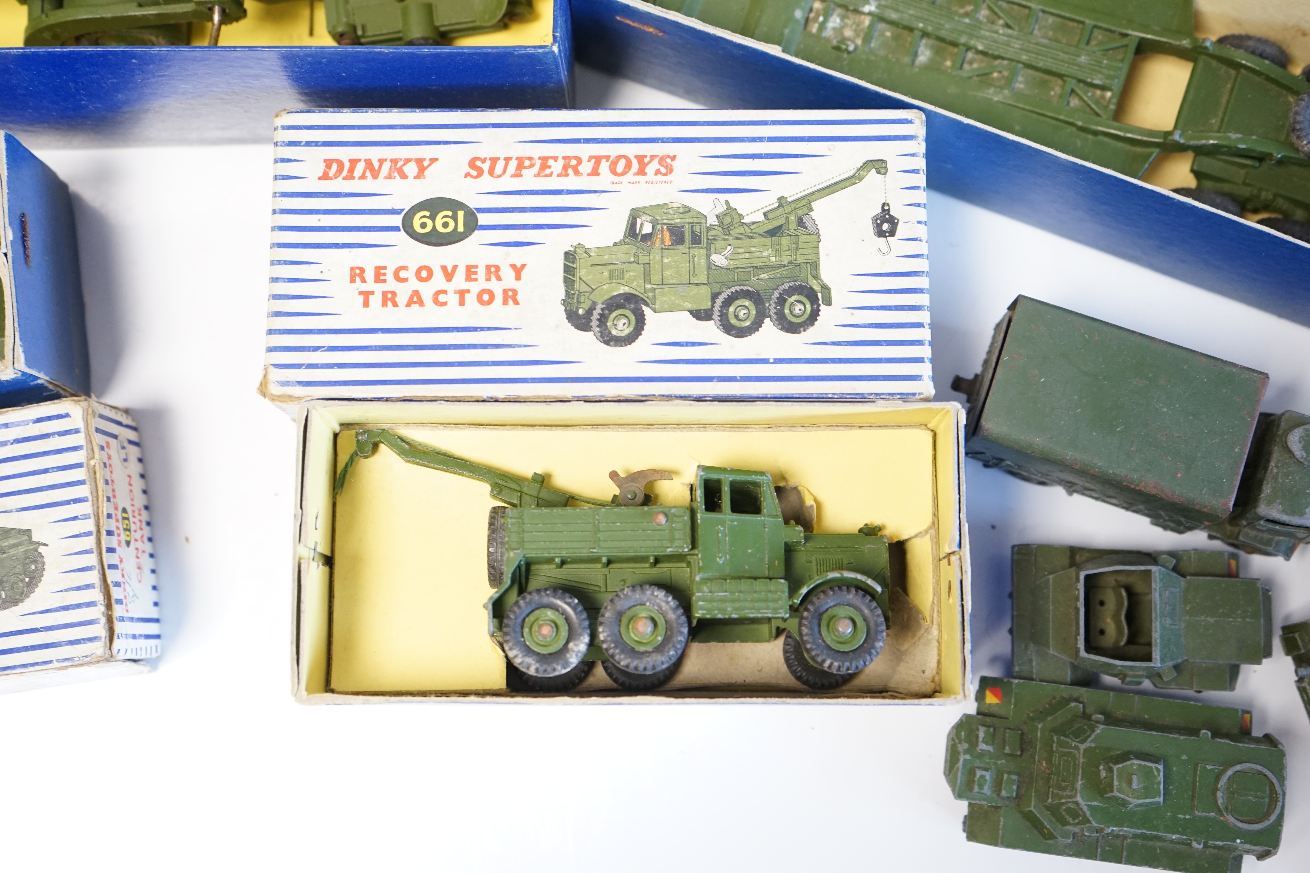 Ten Dinky Toys and Supertoys military vehicles, including four boxed examples; Missile Erector Vehicle with Corporal Missile and Launching Platform (666), Recovery Tractor (661). Tank Transporter (660), Centurion Tank (6